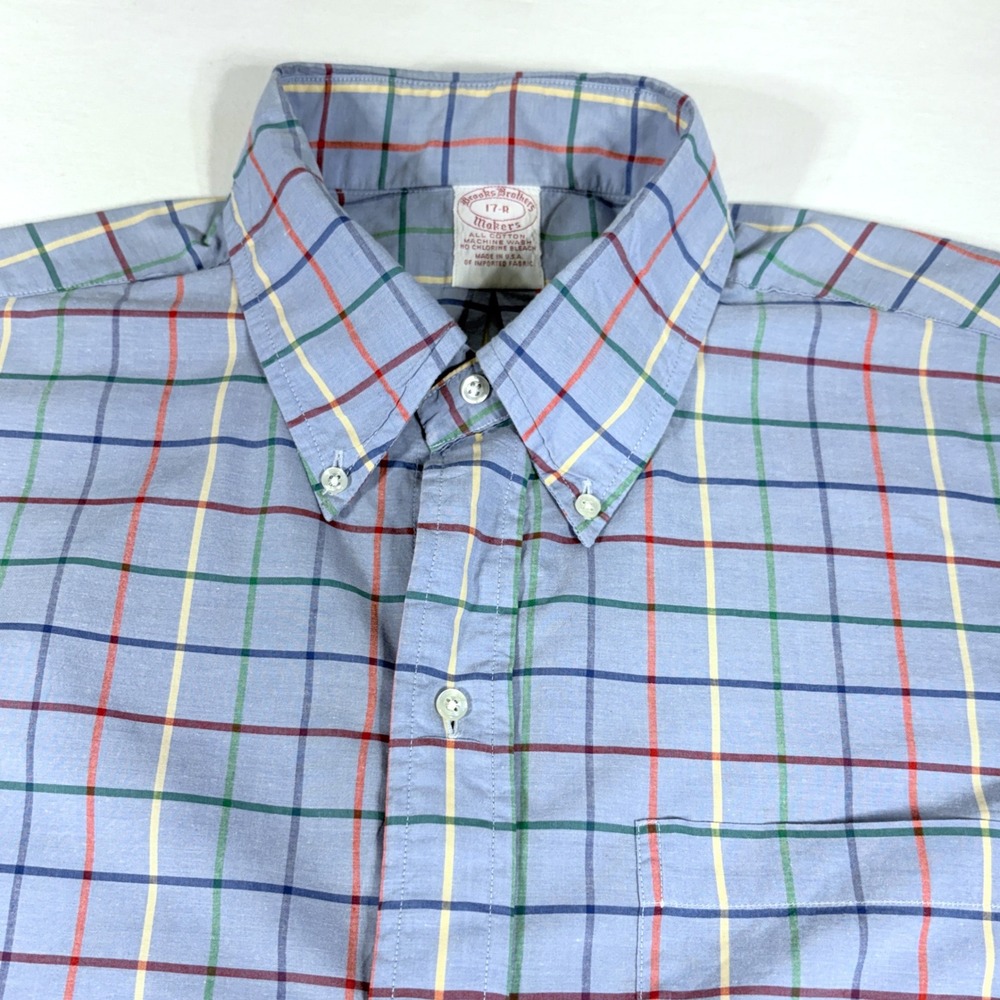Vintage Brooks Brothers Makers Shirt Mens 17-R Blue Plaid Button Down USA Made
